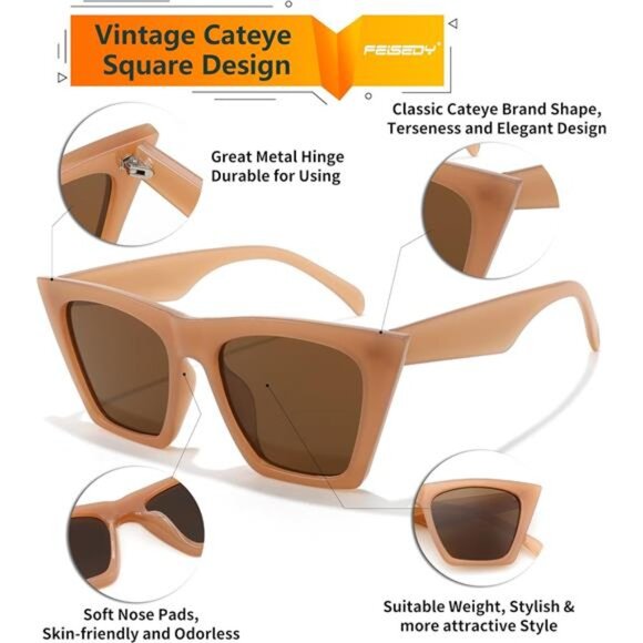 Vintage Square Cat Eye Sunglasses Women Trendy Cateye Sunglasses
